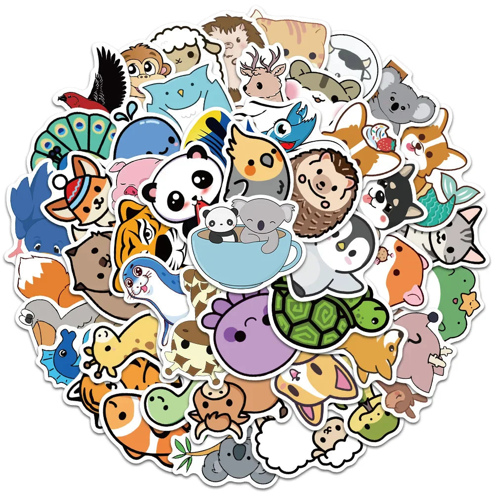 50pcs Cute Animal Stickers Waterproof Laptop Phone Case Guitar Skateboard Notebook