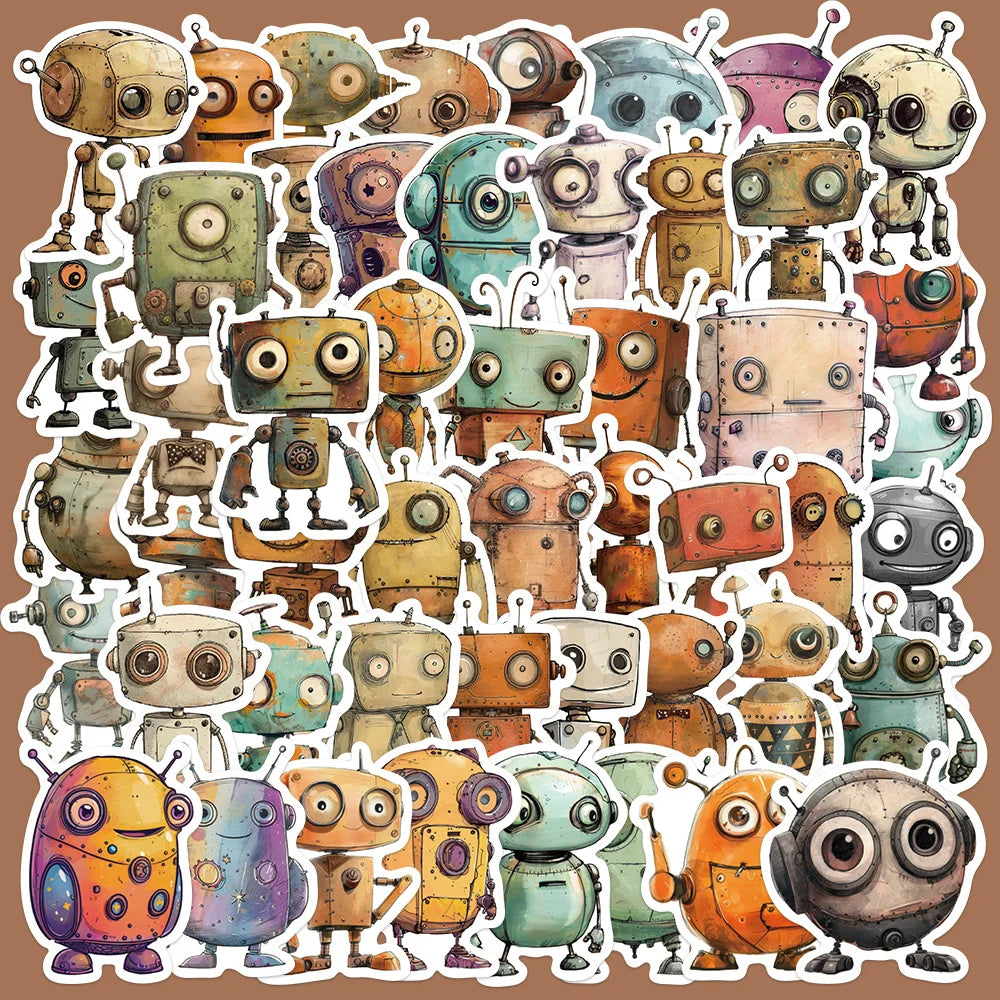 50pcs Retro Robot Stickers for Helmets, Walls, DIY Decoration Wholesale