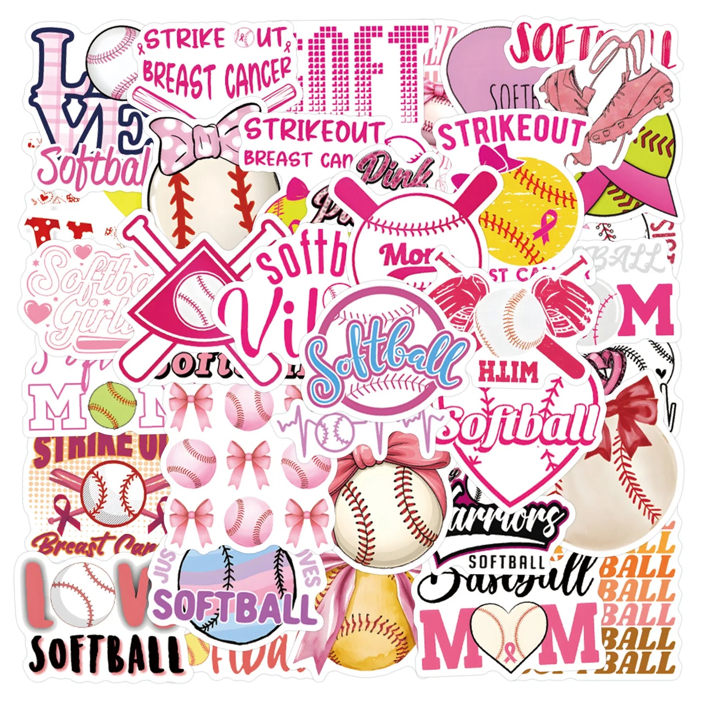 Pink Softball Stickers 52Pcs Waterproof Decals Set