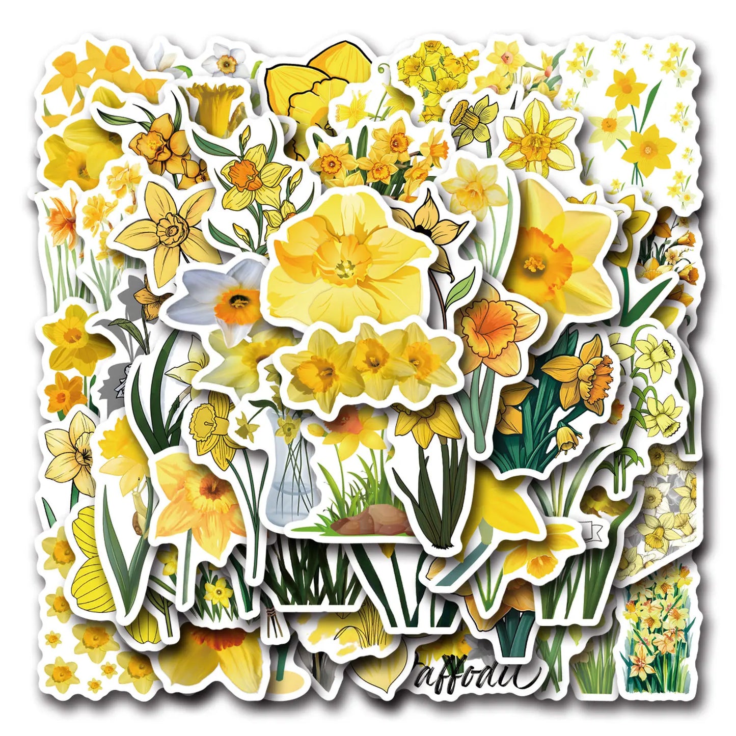 Daffodil Cartoon Stickers - Yellow Flower Decals for Cup, Diary, Scrapbook, Luggage, Laptop, Car, Bike, Skateboard, Kids Toy (10/30/60PCS)