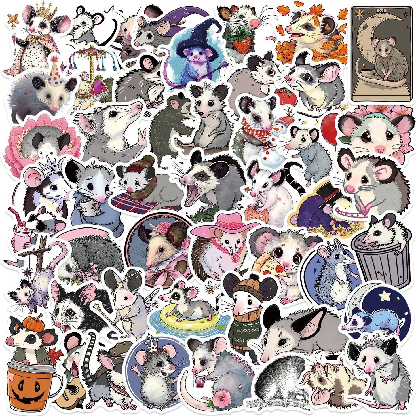 Opossum Stickers Pack - Cute Cartoon Animal Decals for Laptop, Phone, Guitar, Bike, Skateboard - Waterproof