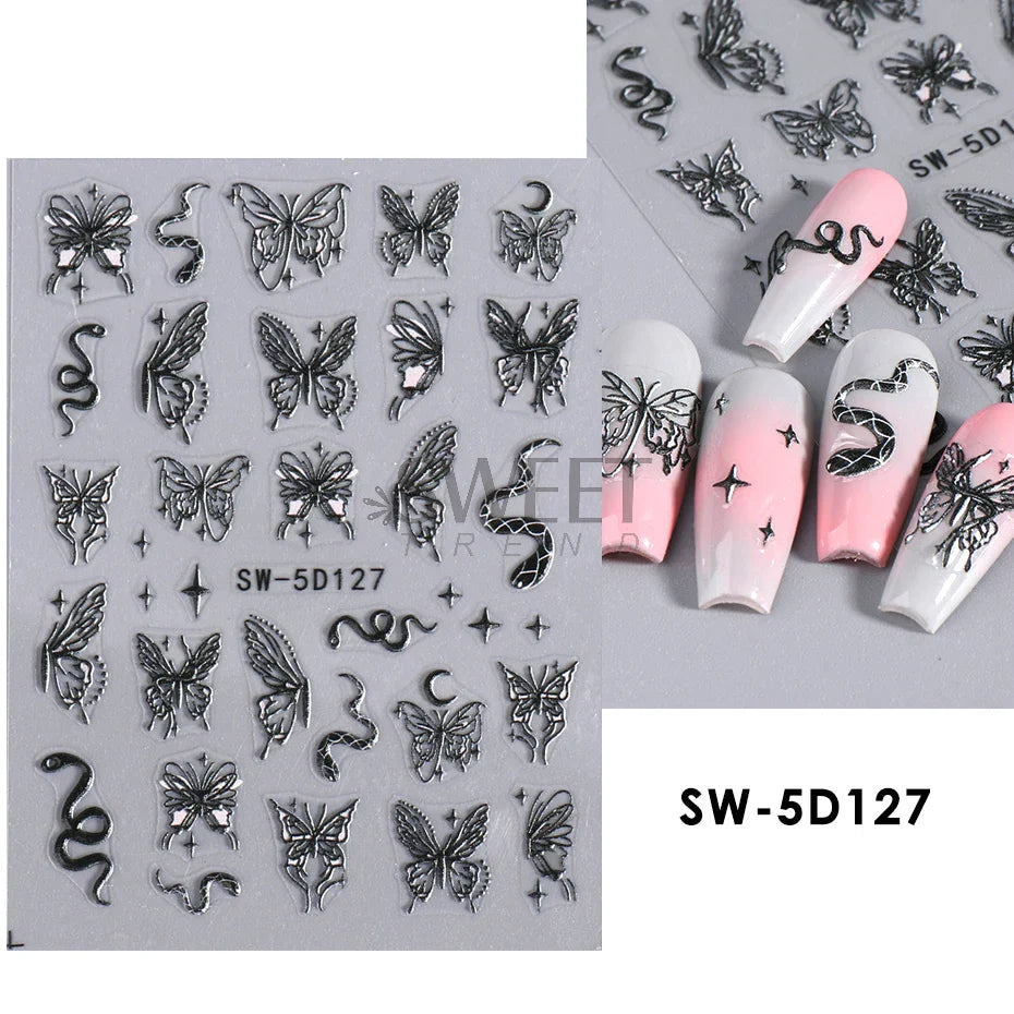 5D Hibiscus Flower Nail Embossed Sticker Acrylic White Pink Petal Leaf Adhesive Decal Butterfly Dragon Floral Elegant Decor Foil
