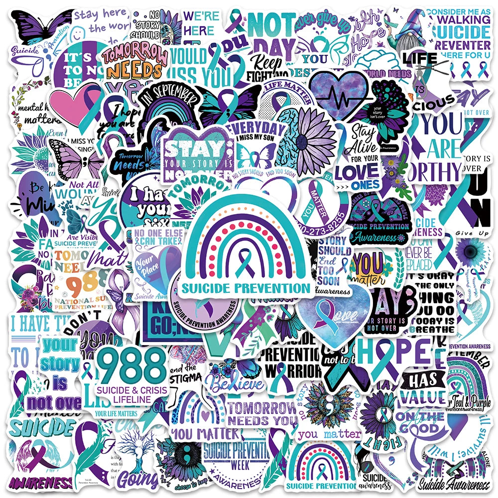 Suicide Prevention Ribbon Stickers 50/100PCS Waterproof Decals for Laptop Bottle Stationery
