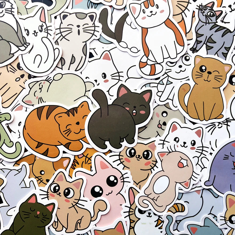 10PCS Cute Cat Stickers for Bike, Skateboard, Car, Helmet, Notebook, Computer, Kids Toy