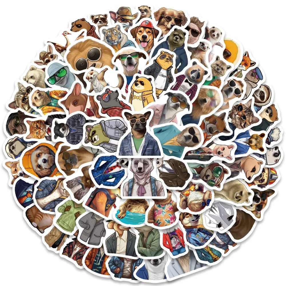 82pcs Funny Cartoon Animal Portraits with Clothes and Glasses Stickers