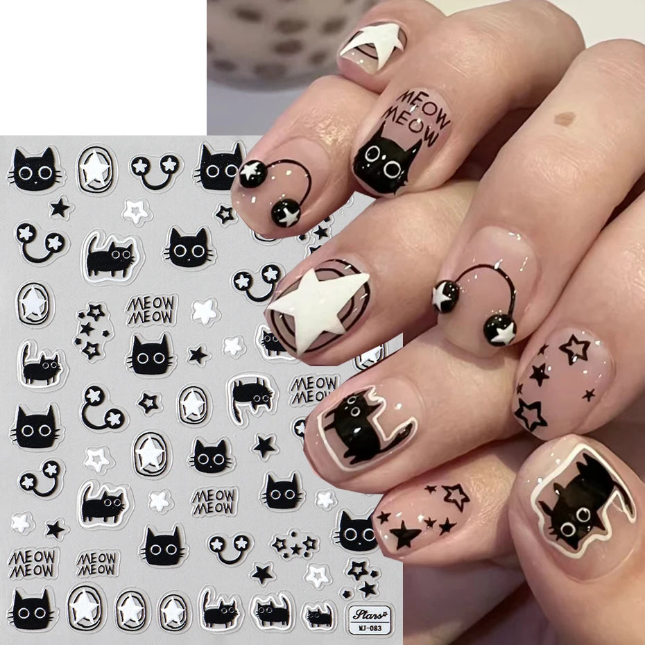 Black Cat Nail Stickers 5D Embossed Kawaii Flowers Star Nail Art Sliders Manicure