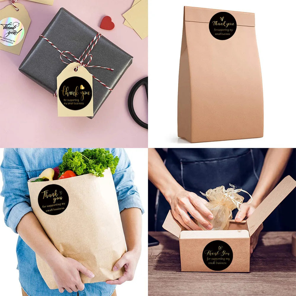 500pcs/roll 4 Designs Black Thank You Sticker 1.5 inch for Supporting My Small Business Sticker Sealing Labels for Packaging
