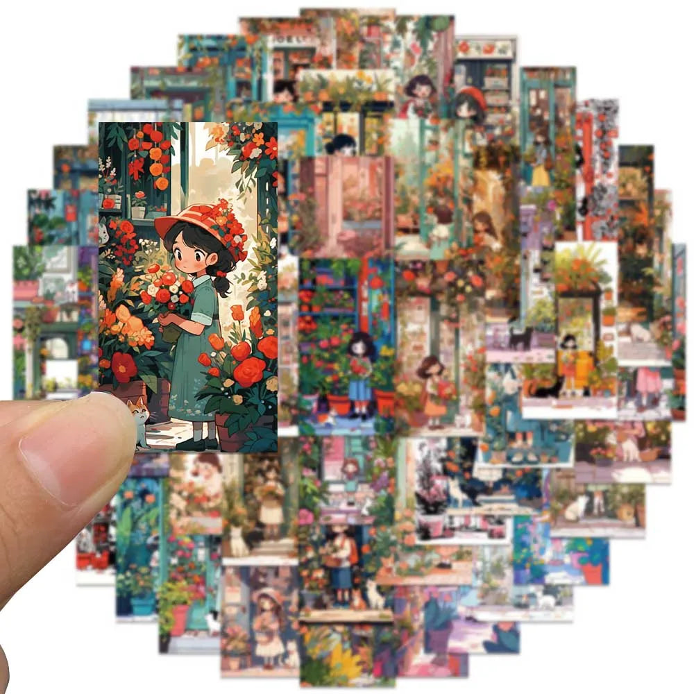 50pcs Cute Cartoon Flowers Girls Cats Stickers For Luggage Guitar Laptop Phone Skateboard Waterproof Graffiti Vinyl Decals