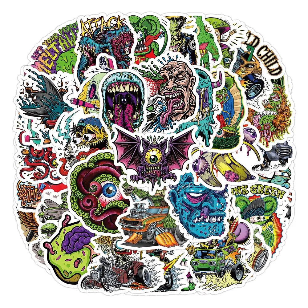 10/50PCS Funny Horror Liquid Monster Stickers Cool Graffiti Decoration DIY Skateboard Scrapbook Phone Laptop Car Decals Toys