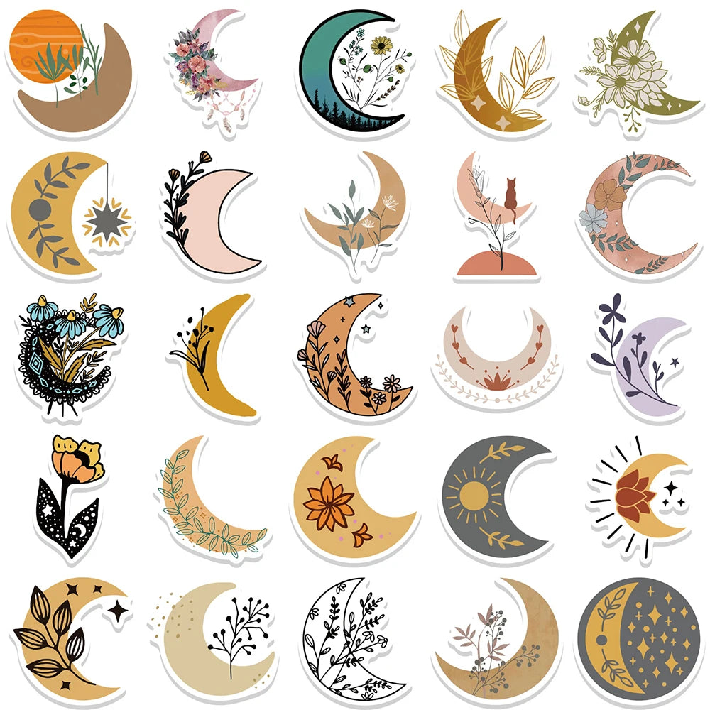 10/30/50PCS Pretty Bohemia Flower Moon Stickers Aesthetic Decoration DIY Skateboard Guitar Laptop Scrapbook Fridge Decals Toys