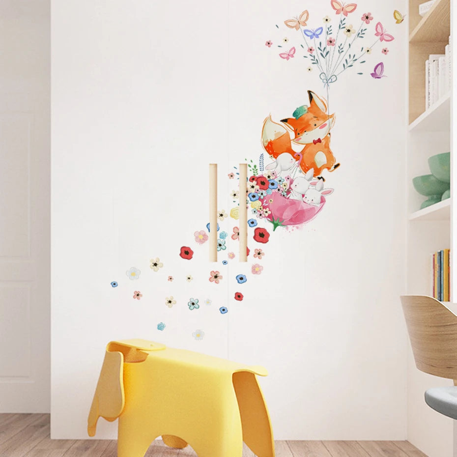 Cartoon Fox Flowers Butterfly Wall Stickers Kids Room Decor