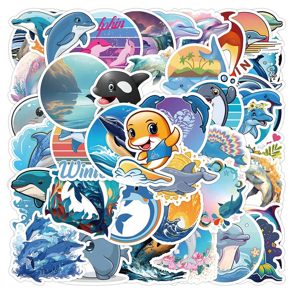 Cute Dolphin Cartoon Stickers for Laptop, Suitcase, Guitar, Phone - 10/30/50/100pcs