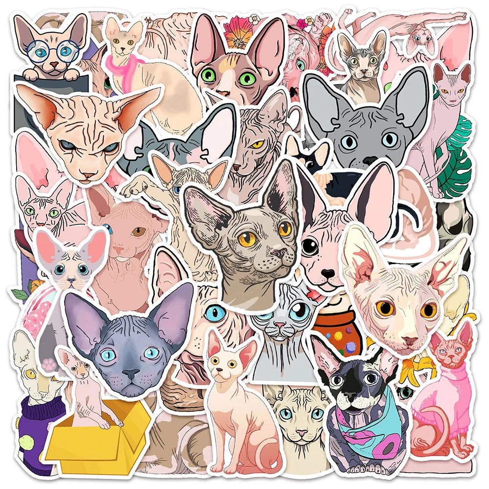10/30/50PCS Sphynx Cats Stickers Cute Animal Decals Toys DIY Skateboard Phone Fridge Laptop Bike Car PVC Waterproof Sticker Gift