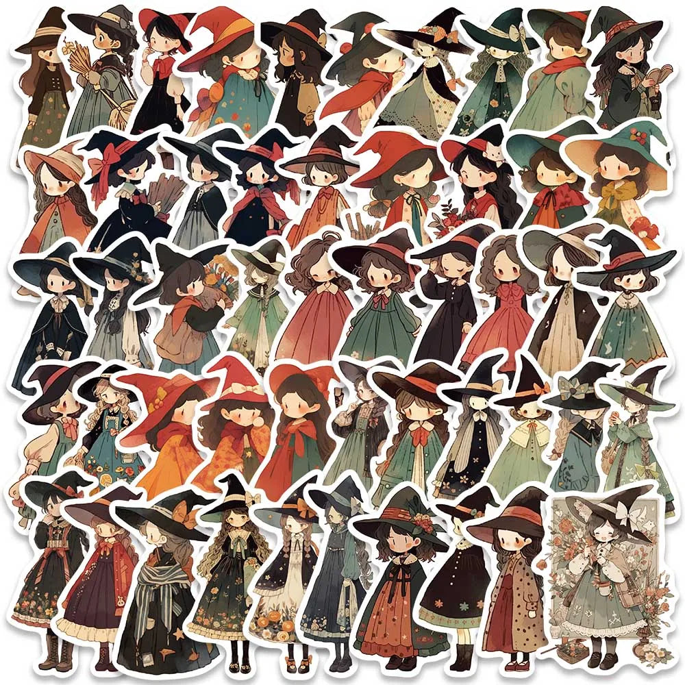 50pcs Cute Witch Girl Anime Stickers for Laptop, Phone, Luggage, Guitar