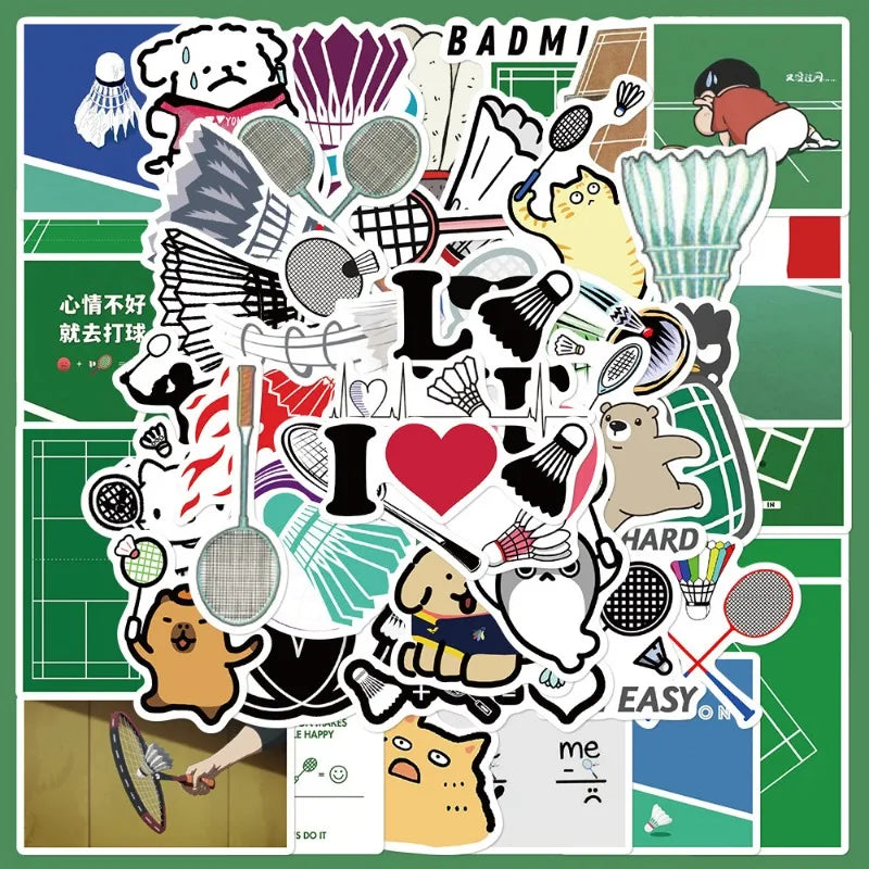 50pcs Cartoon Badminton Stickers for Helmet, Wall, DIY Decoration Wholesale