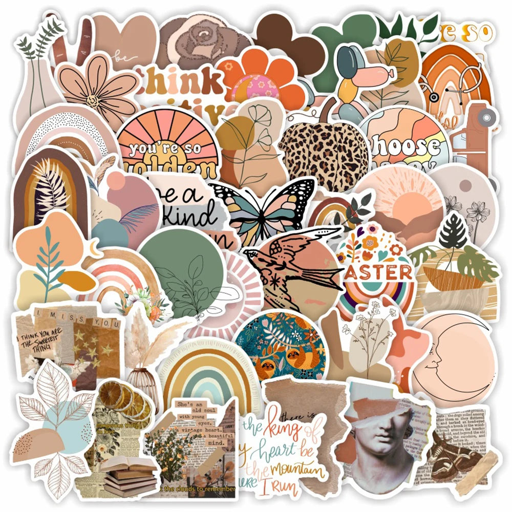 Bohemian Aesthetic Cartoon Stickers Pack - Waterproof Decals for Car, Bike, Luggage, Phone, Laptop