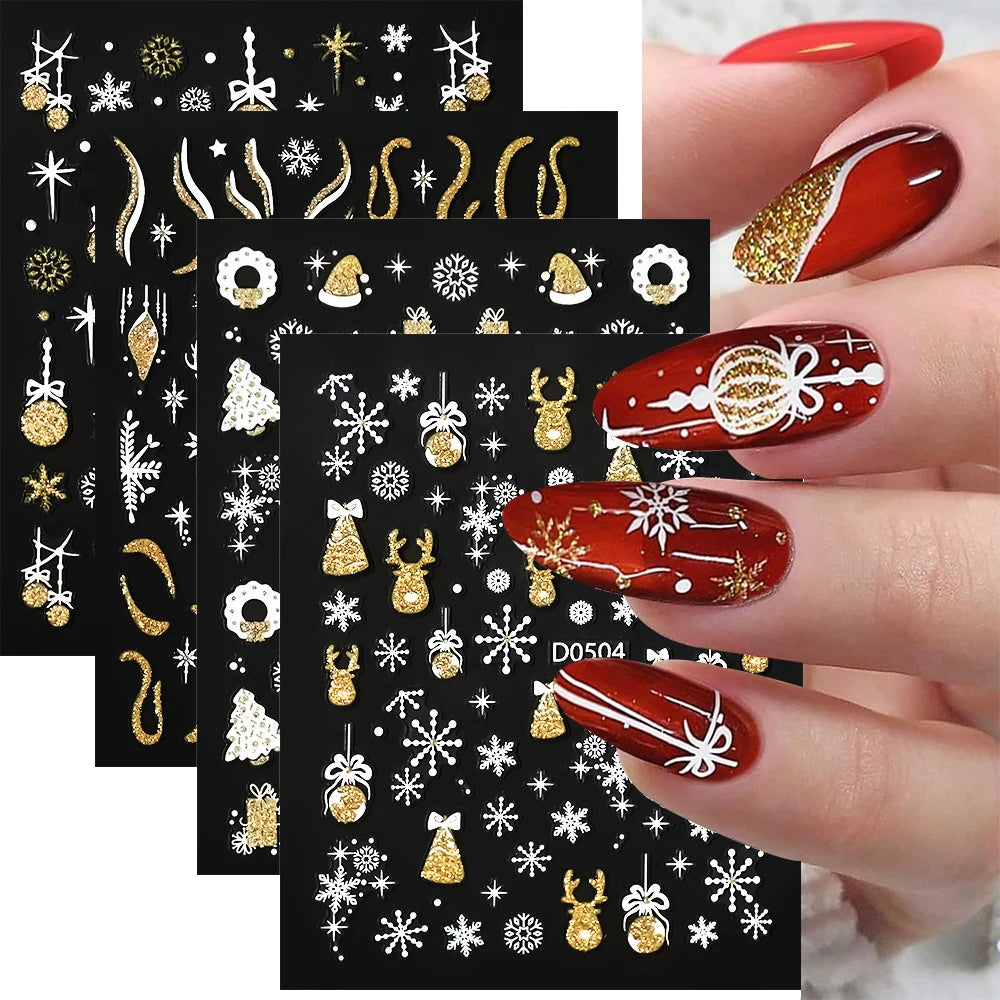 3D Gold Christmas Nail Stickers: Snowflake & Elk Design