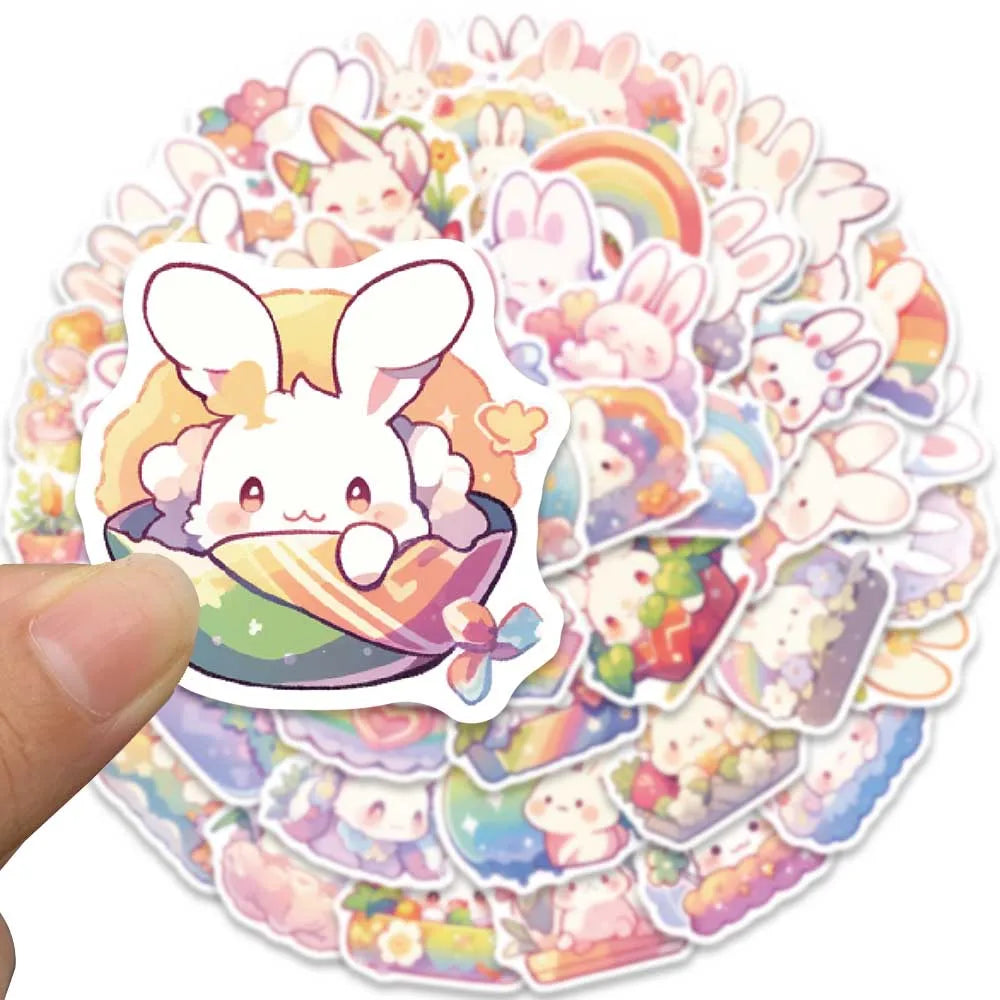 50pcs Cute Cartoon Rainbow Rabbite Animal Stickers For Laptop Phone Guitar Luggage Waterproof Graffiti Vinyl Car Decals