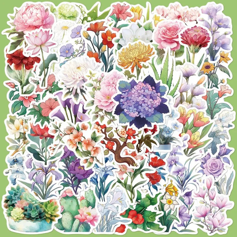 50pcs Flower Illustration Graffiti Stickers for Helmet, Wall, DIY Decoration