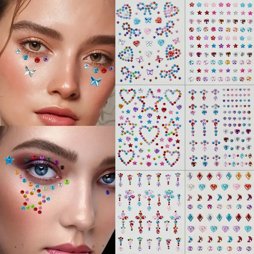 Star Rhinestone Face Decal: Butterfly & Floral Design
