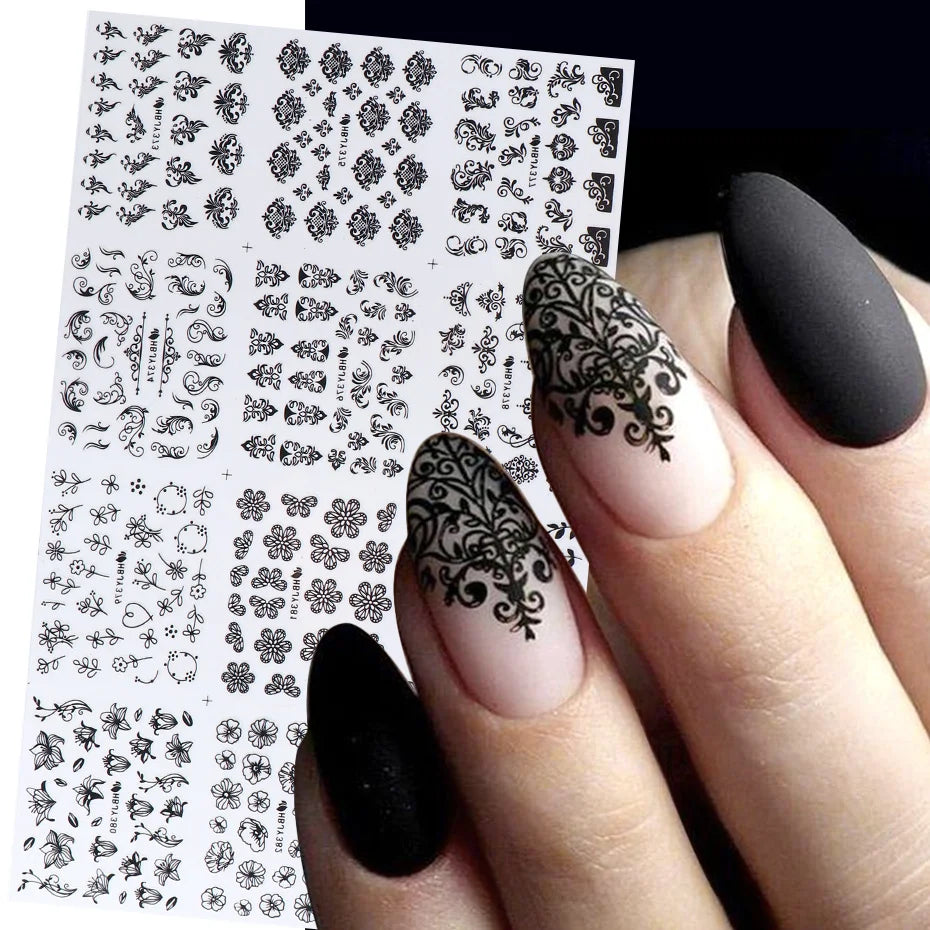12PCS Black Nail Stickers 3D Flower Leaf Necklace Gel Decals Manicure Design