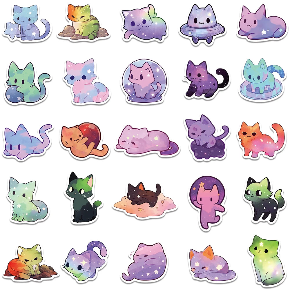 50pcs Kawaii Cartoon Starry Sky Cats Stickers Decals For Laptop Water Bottle Luggage Notebook Phone Vinyl Waterproof Graffiti
