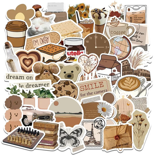Vintage Brown Stickers: Aesthetic PVC for Laptops & Scrapbooks
