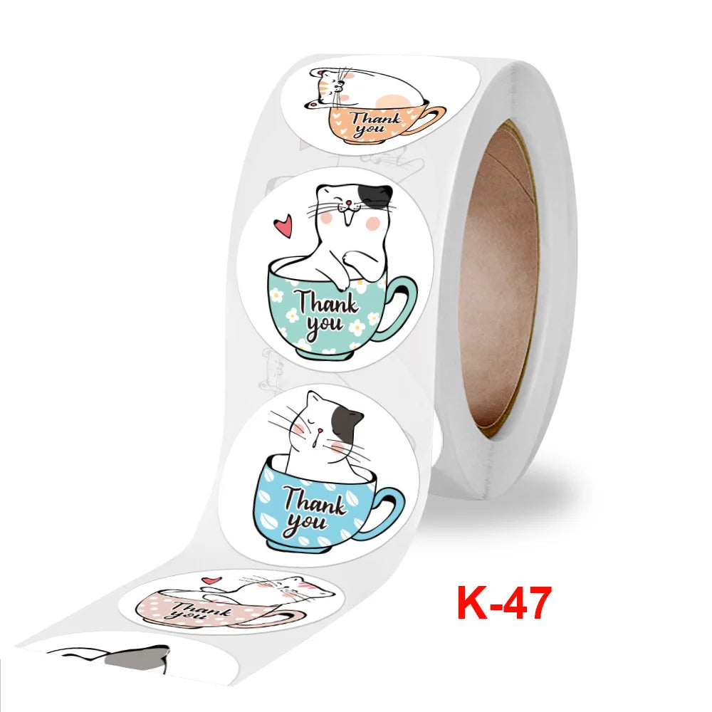 100-500 Pcs Roll 1-1.5inch Round White Decorative Gift Thank You Stickers Cartoon Hand-painted Cat Sealing Sticker Stationery