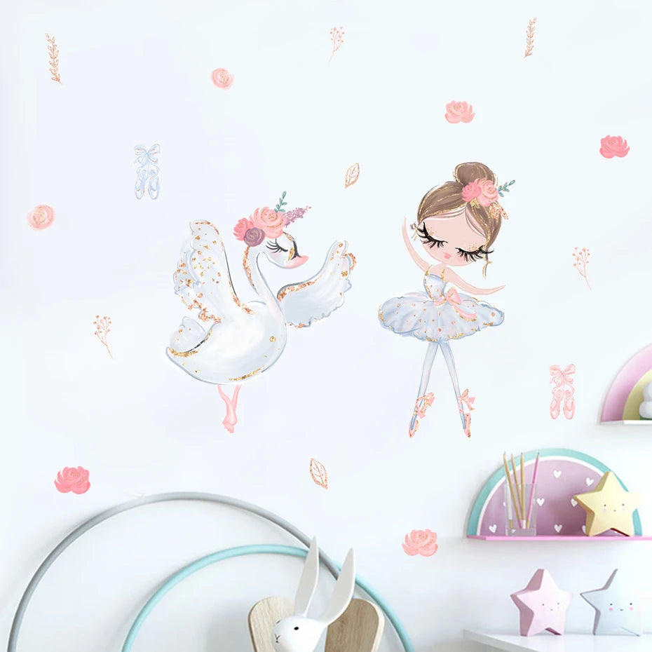 Ballerina Swan Flower Wall Stickers for Kids Room Decor