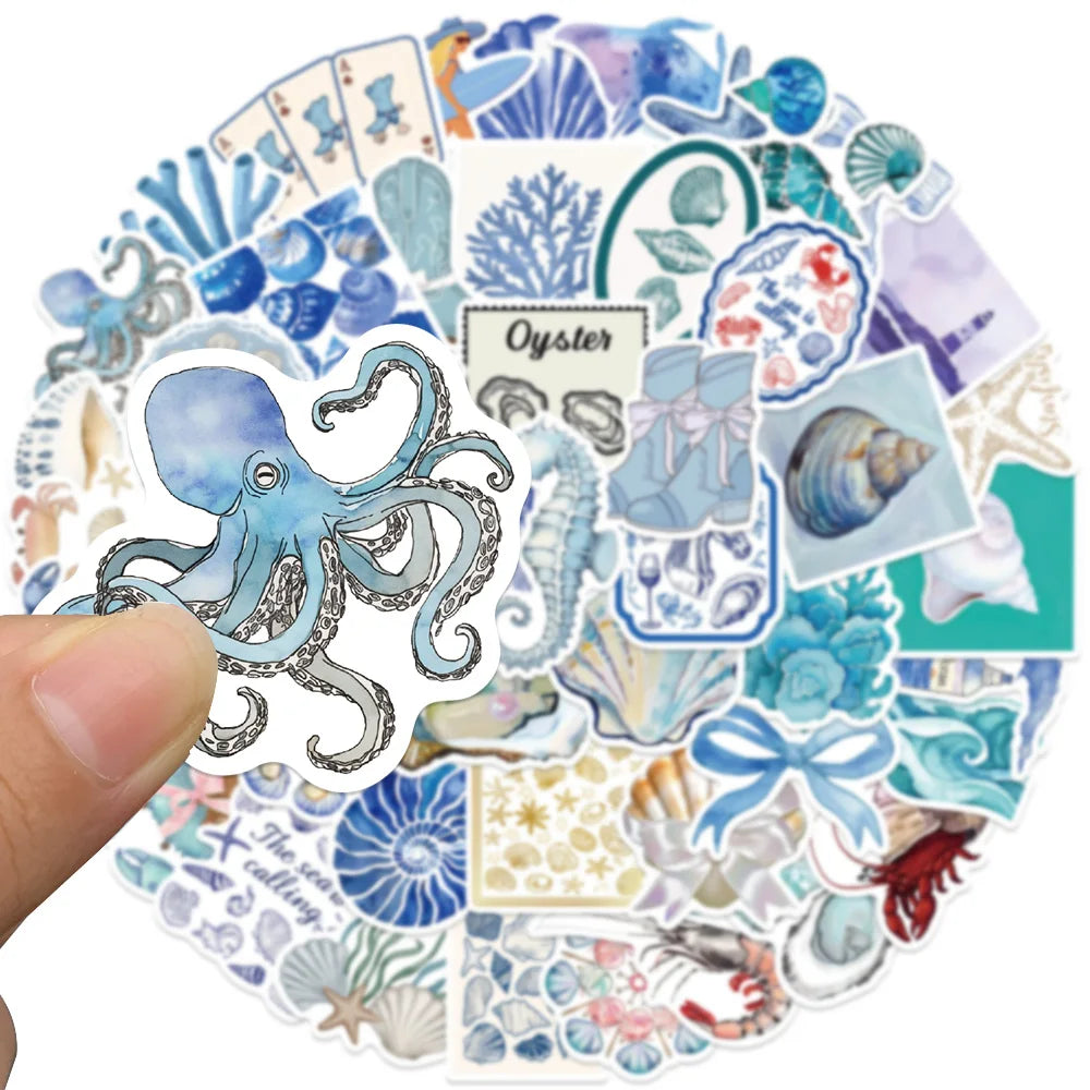 50pcs Aesthetic Cartoon Shell Blue Ocean Stickers Waterproof Graffiti For Luggage Guitar Phone Diary Laptop Vinyl Decals