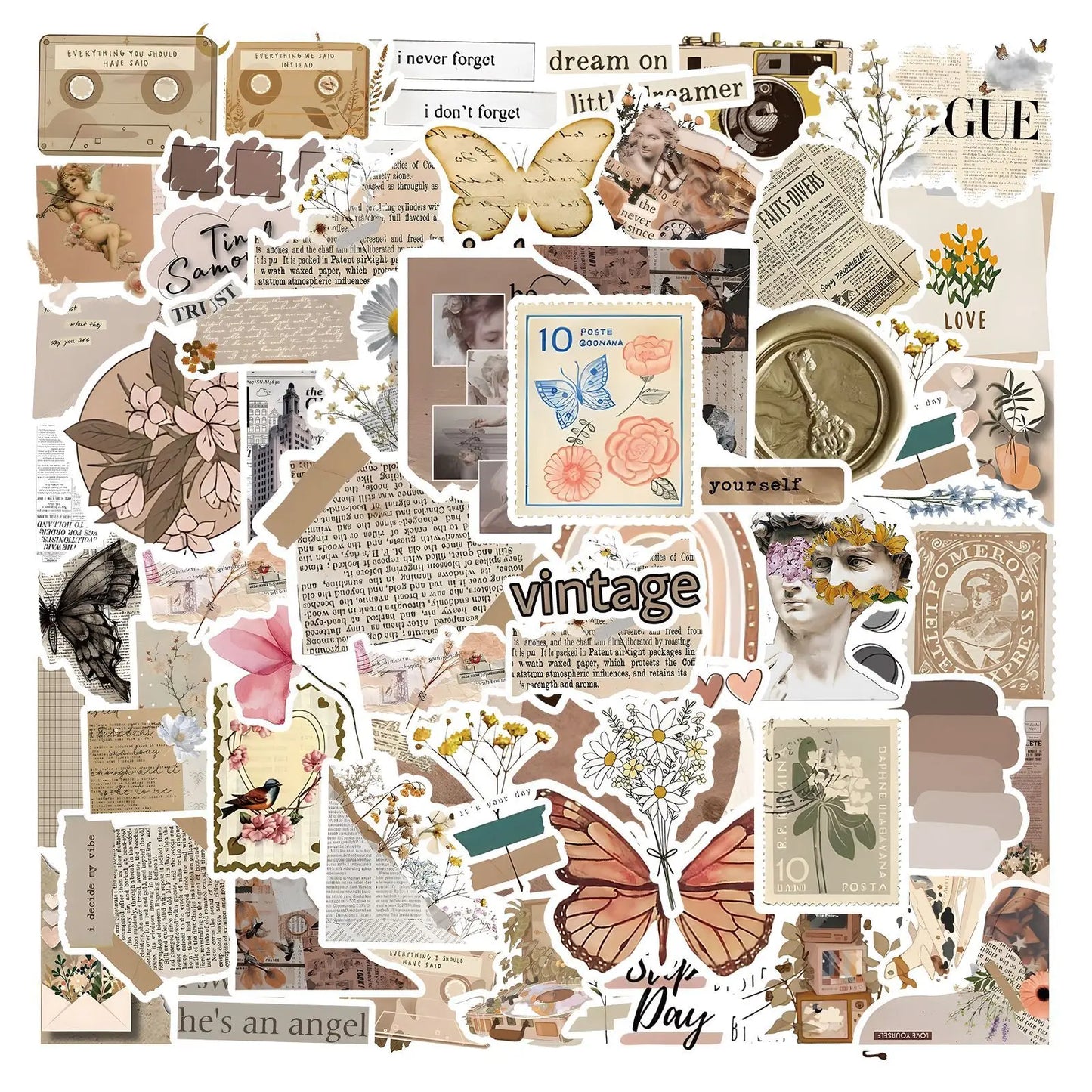 Vintage Flower Art Stickers - 10/30/60pcs Aesthetic Decals for Notebook, Water Bottle, Guitar, Kids