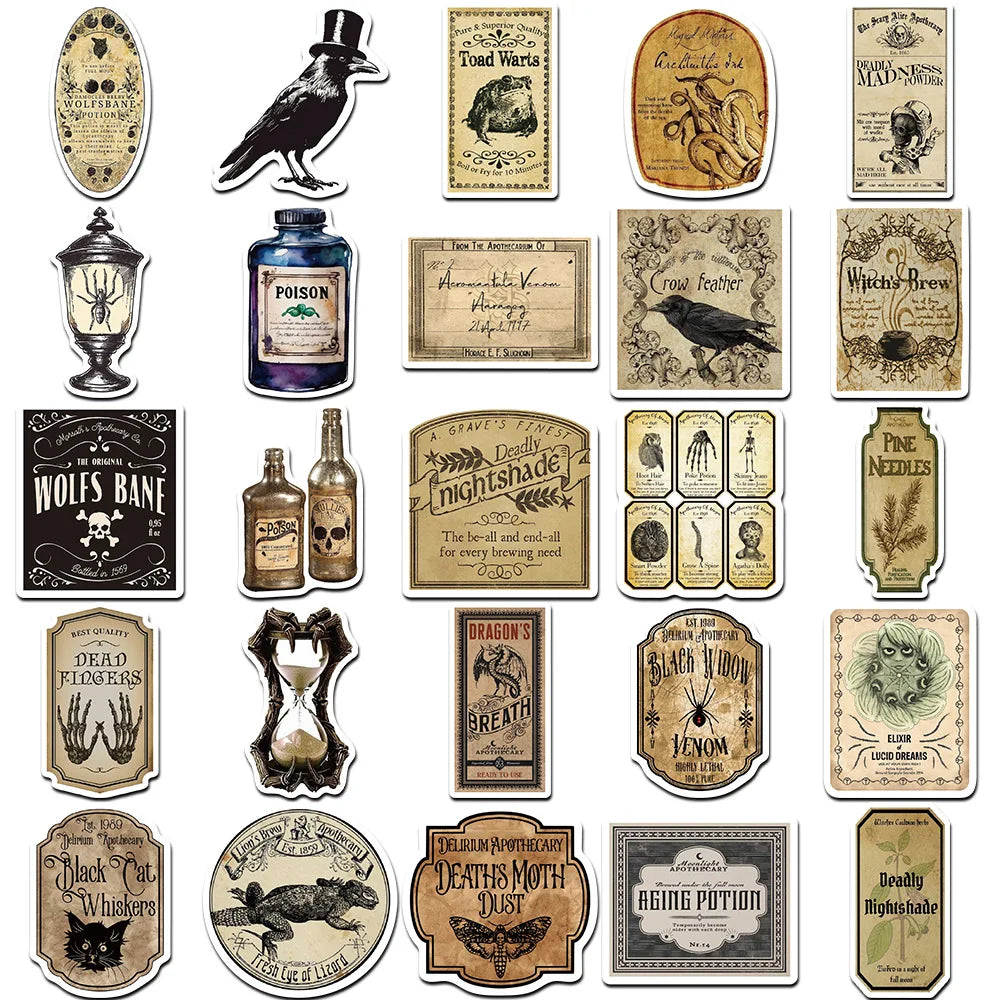 10/30/50PCS Vintage Horror Poison Label Stickers Gothic Pharmacist Decals Waterproof Graffiti Toys DIY Skateboard Scrapbook Bike