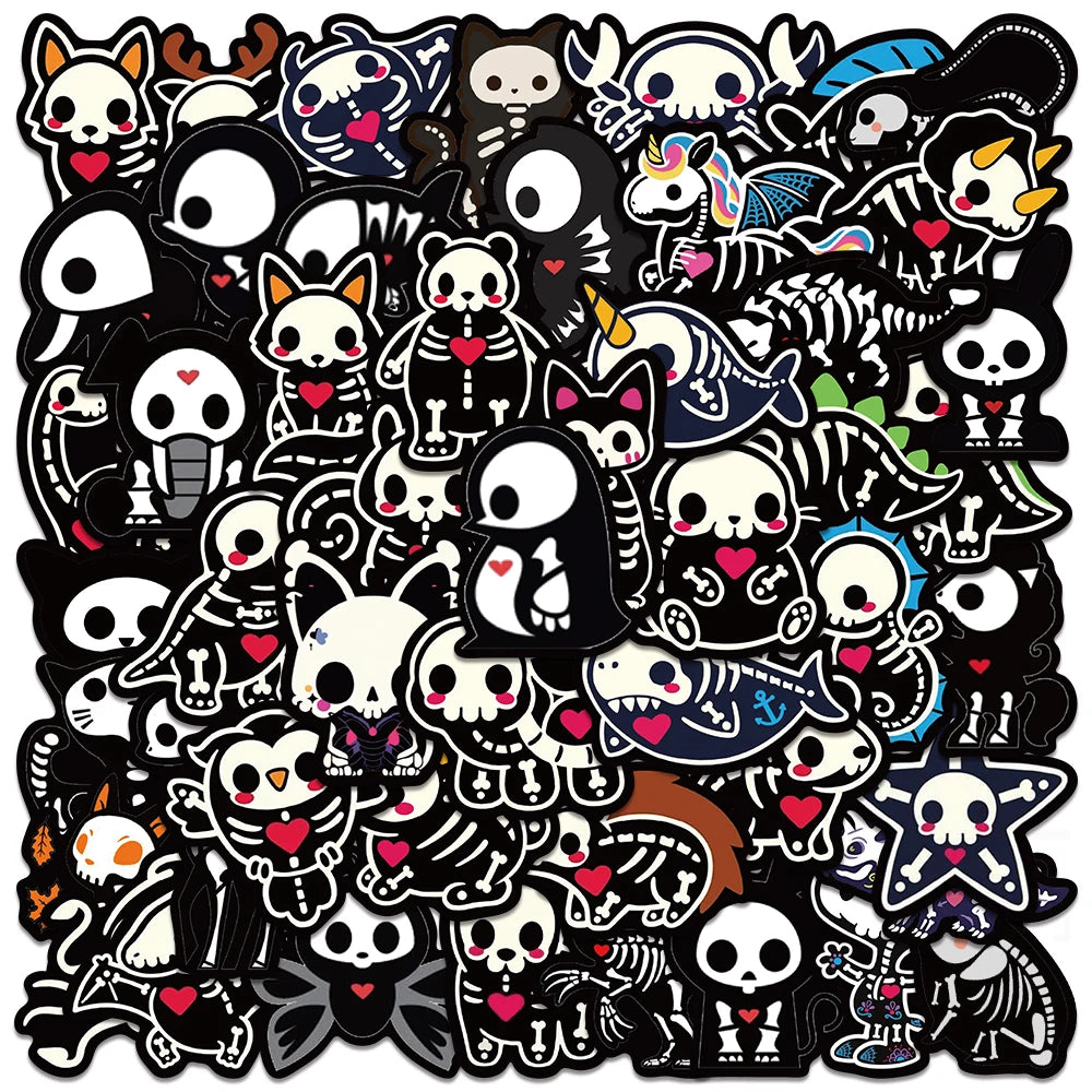 50Pcs Black White Animal Skull Stickers for Motorcycle Laptop Phone Helmet Car Bike Decals