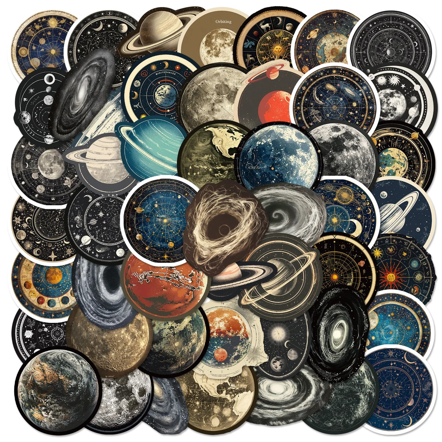 50pcs Retro Space Station Graffiti Stickers for Helmet, Desktop, Wall Decoration, DIY Wholesale