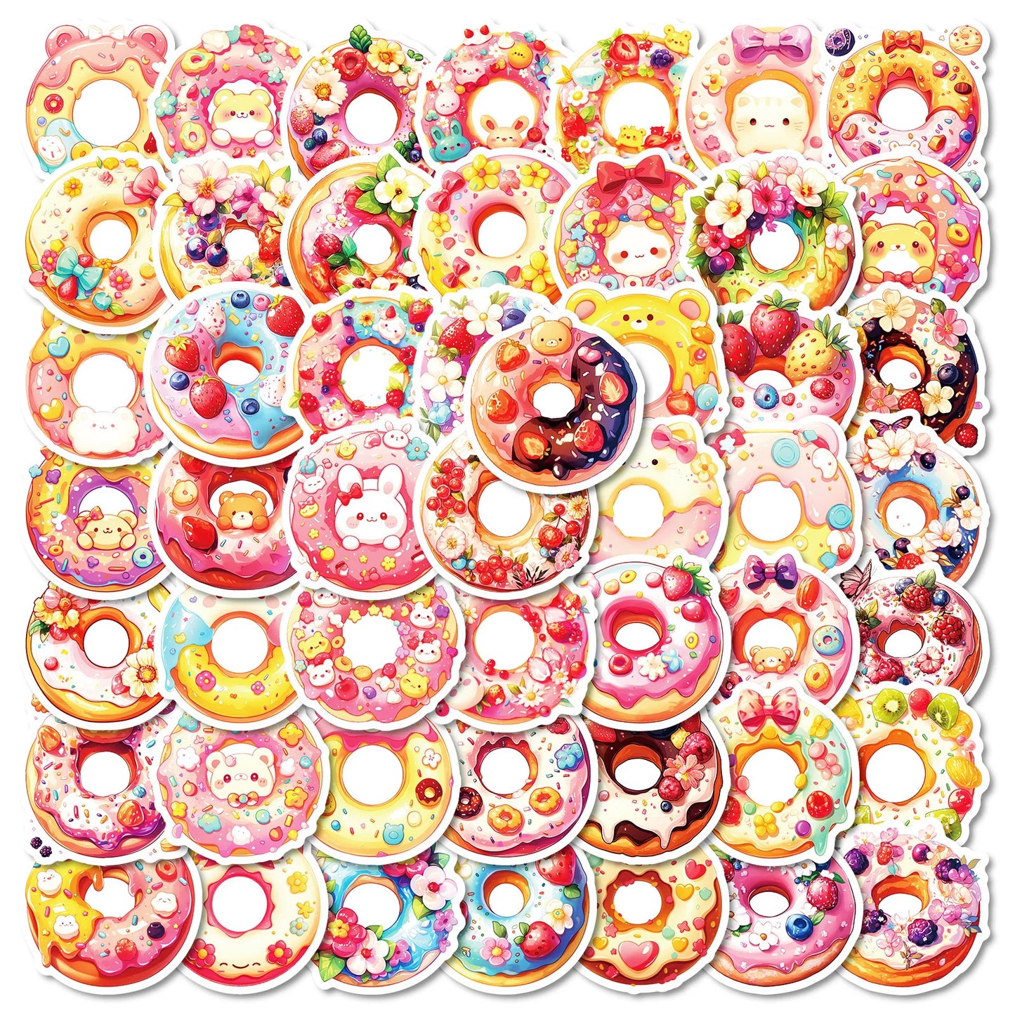 50Pcs Cute Donut Graffiti Stickers for Helmet, Desktop, Wall Decoration, DIY