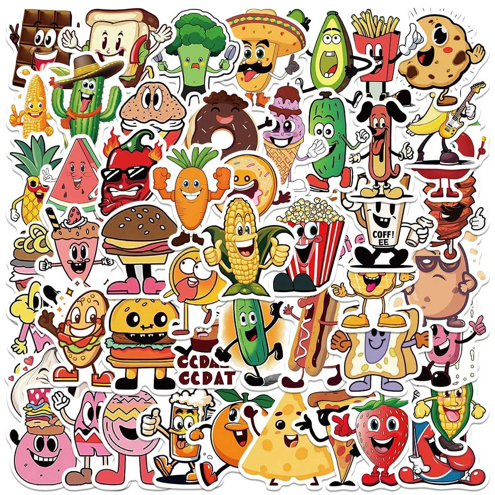 50pcs Funny Cute Cartoon Foods Stickers Decals For Laptop Water Bottle Luggage Notebook Phone Vinyl Waterproof Graffiti