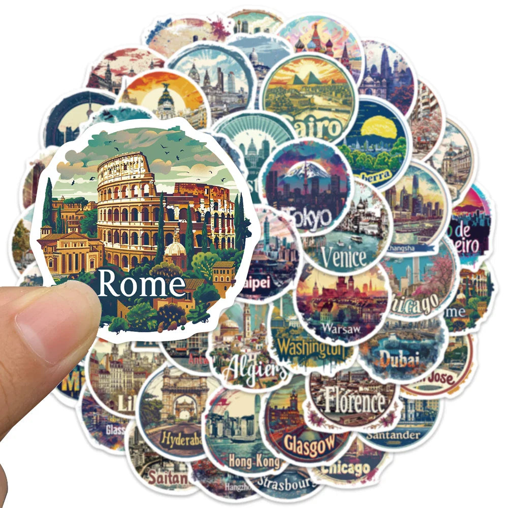 50pcs Aesthetic Cartoon Travel City Landmark Sticker For Laptop Water Bottle Luggage Notebook Waterproof Vinyl Car Decals