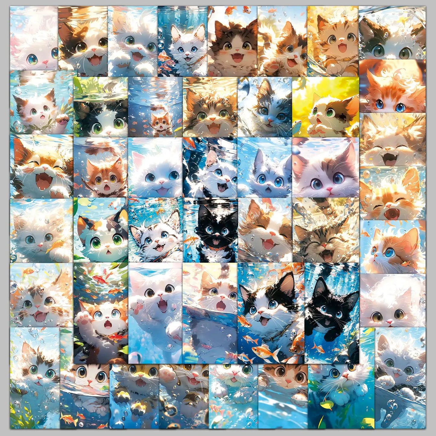 50pcs Cat Water Series Graffiti Stickers for Helmet, Wall, DIY Decoration Wholesale