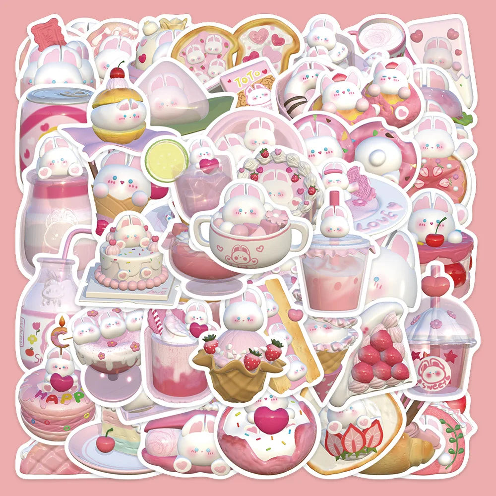 50pcs 3D Cute Pudding Rabbit Stickers for Helmet, Wall, Desktop Decoration