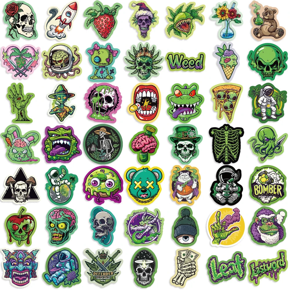 50pcs Green Skull Graffiti Stickers Flower Waterproof DIY For Water Bottle Laptop Phone Skateboard For Adults Teens Sticker