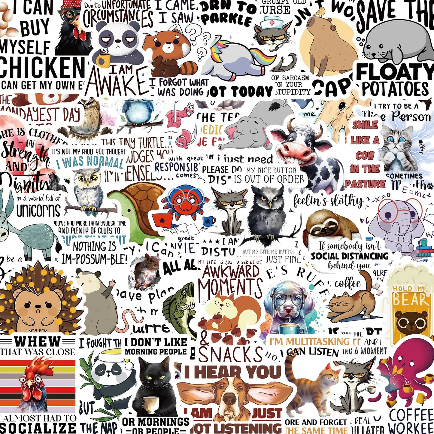 Funny Animal Quotes Stickers PVC Waterproof Skateboard Notebook Graffiti Toy 10/30/50PCS