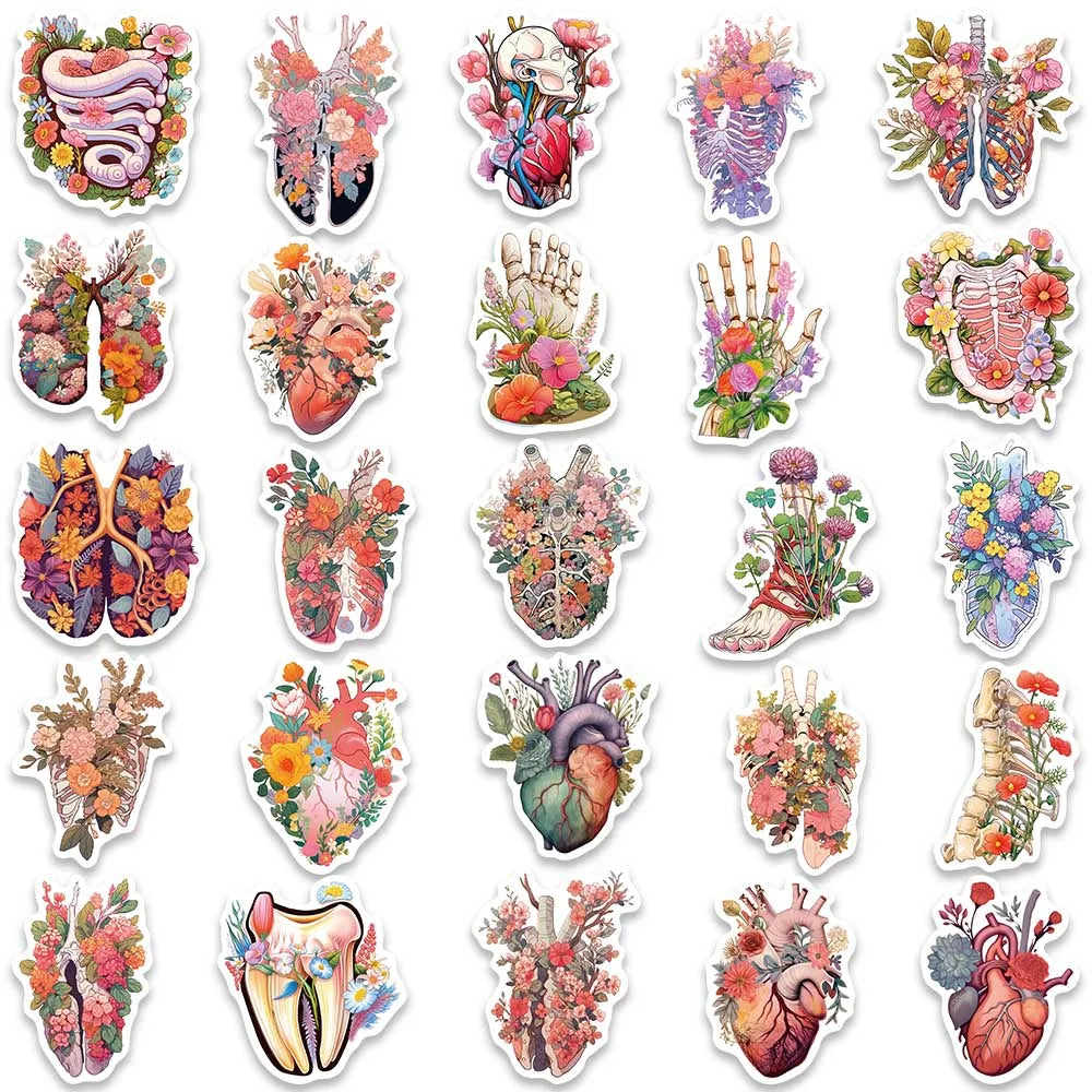 50pcs Colorful Cartoon Flowers Skull Human Organs Graffiti Stickers For Laptop Phone Guitar Luggage Waterproof Vinyl Decals