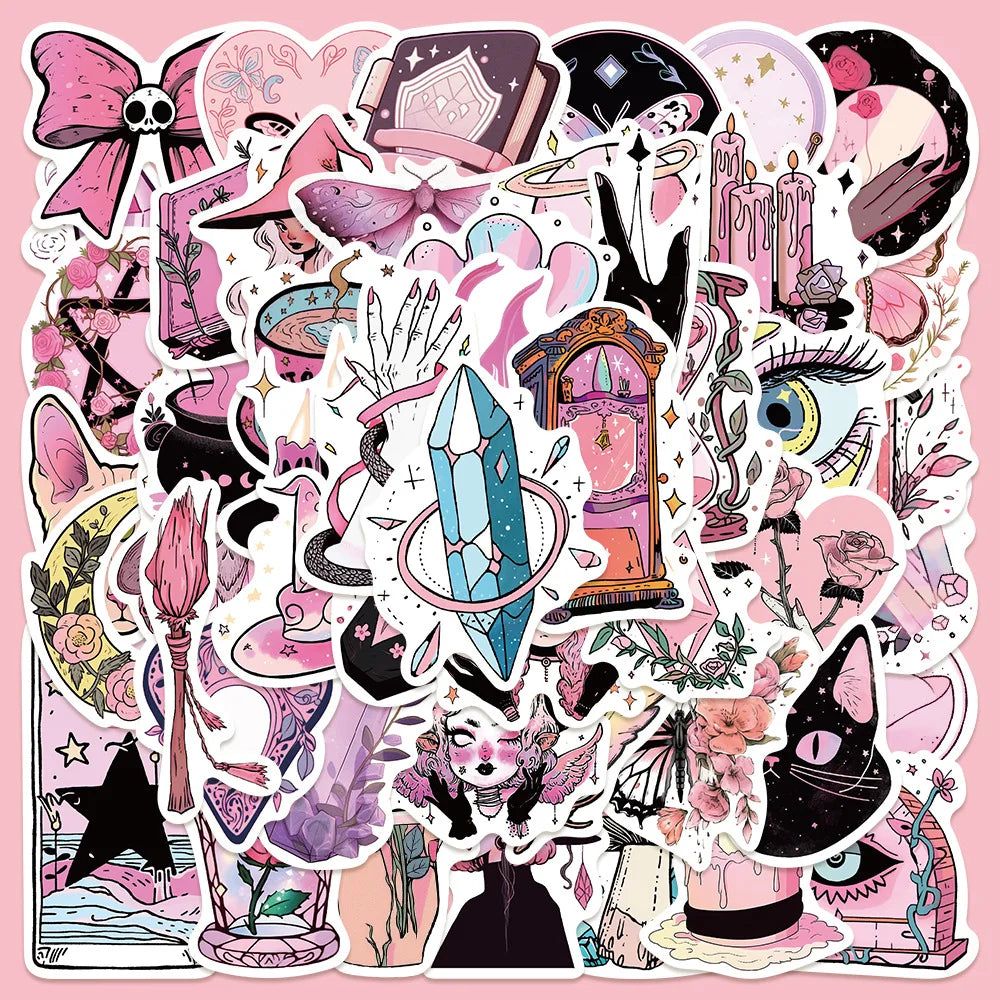 50pcs Pink Witch Graffiti Stickers for Helmets, Walls, DIY Decoration Wholesale
