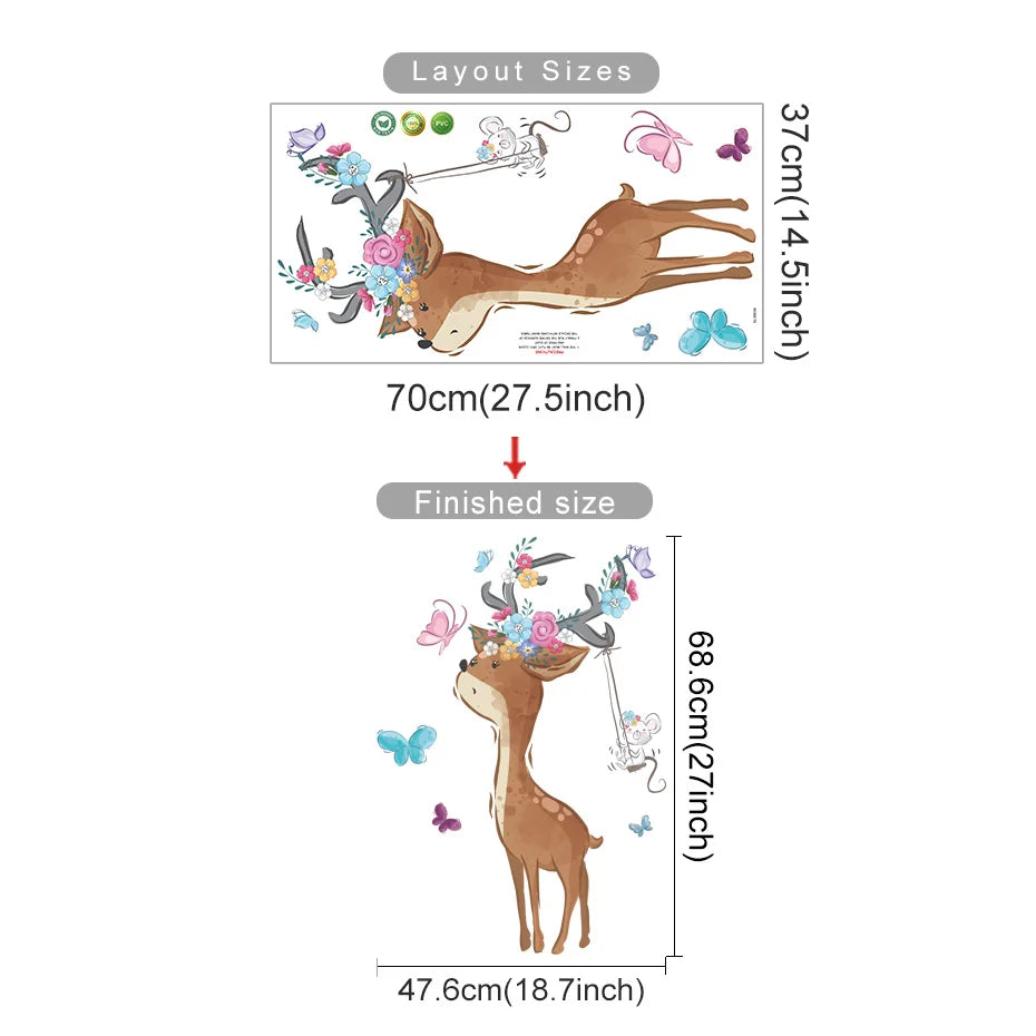Cartoon Sika Deer Butterfly Flower Wall Stickers Nursery Vinyl Decals Kids Room Decor