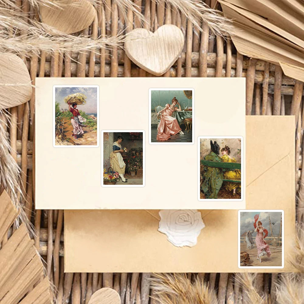 52Pcs Cartoon Retro Victorian Art Series Stickers PVC Waterproof Sticker Decals For Scrapbook Laptop Bottle Toys Gift