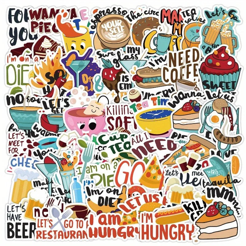 50pcs Cute Cartoon Dining Stickers for Helmet, Desktop, Wall Decoration, DIY Pack Wholesale