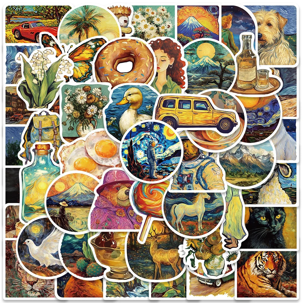 50pcs Van Gogh Style Art Stickers Vinyl Decals for Laptop Scrapbook Notebook Decor Wholesale