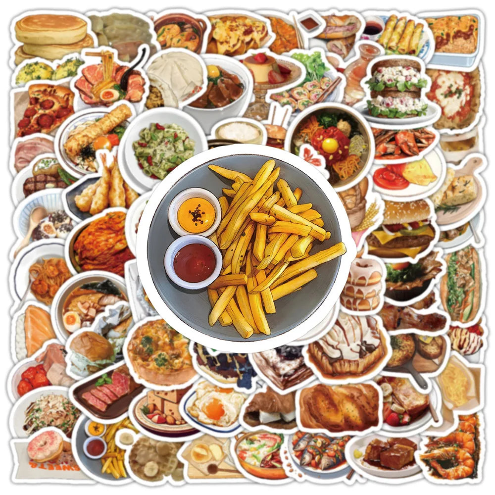 Gourmet Food Stickers Pack: Cartoon Decals for Phone, Suitcase, Scrapbook, Laptop