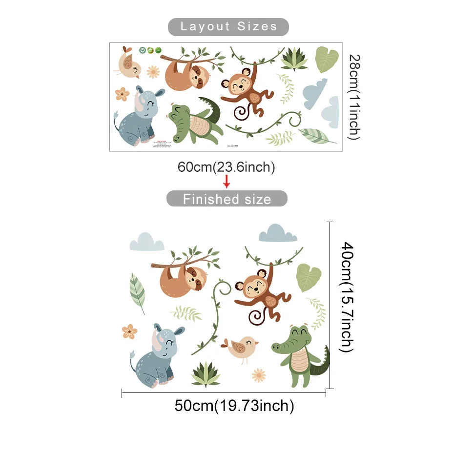 Cartoon Animal Wall Stickers: Giraffes, Lions, Crocodiles, Monkeys for Nursery & Bedroom Decor