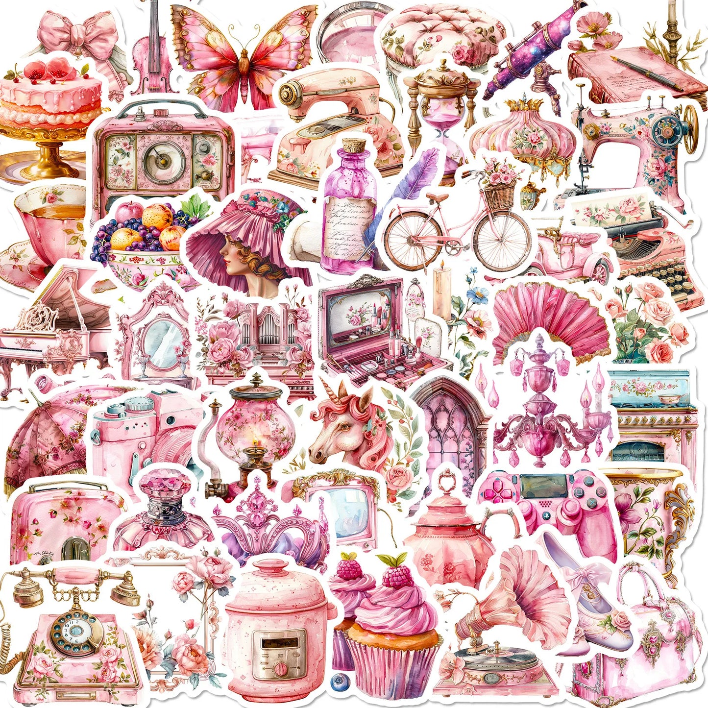 Mixed Pink Retro Stickers for DIY Scrapbooking, Notebook, Laptop, Phone, Water Bottle, Helmet (10/25/50pcs)